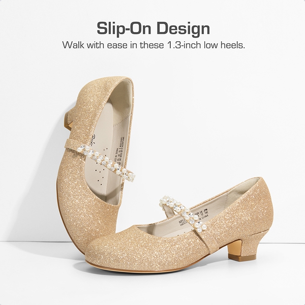 Girls' Rhinestone Mary Jane Low Heels - GOLD GLITTER - 2